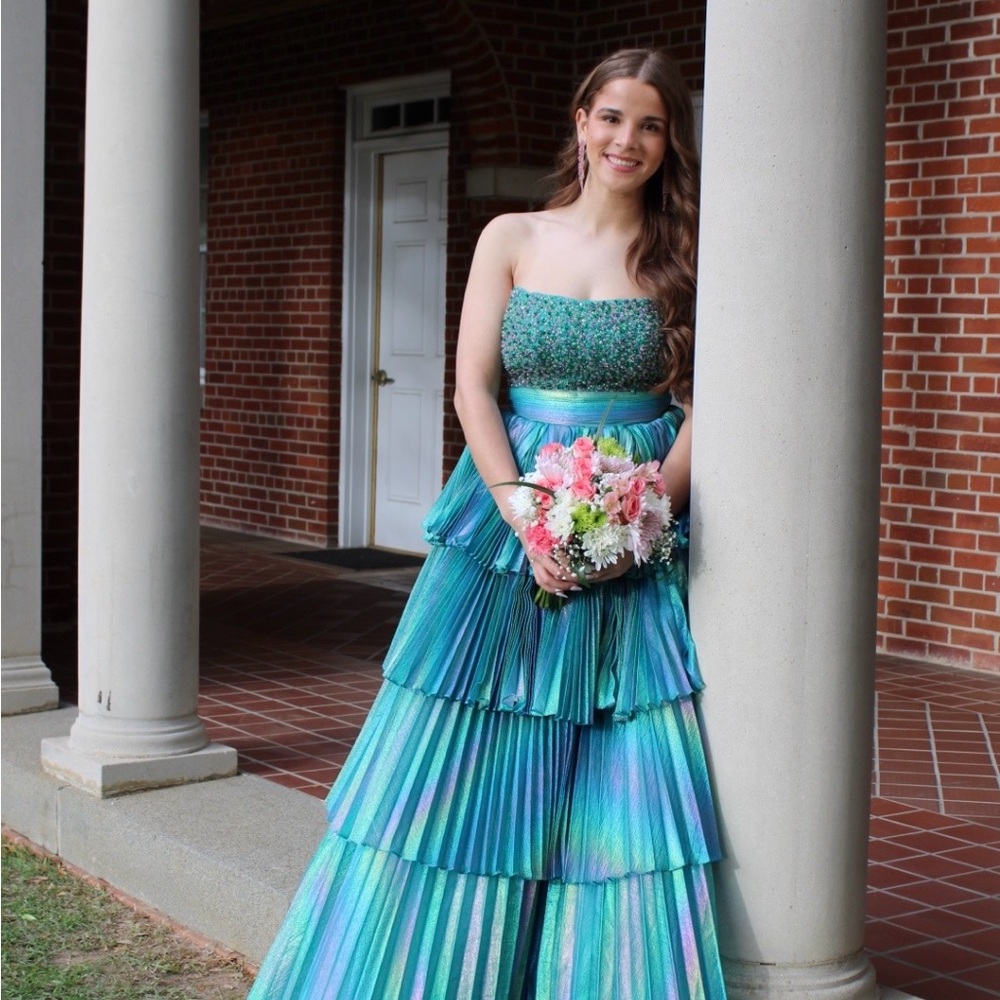 Strapless Teal Ombre Prom Dress with Tiered Skirt